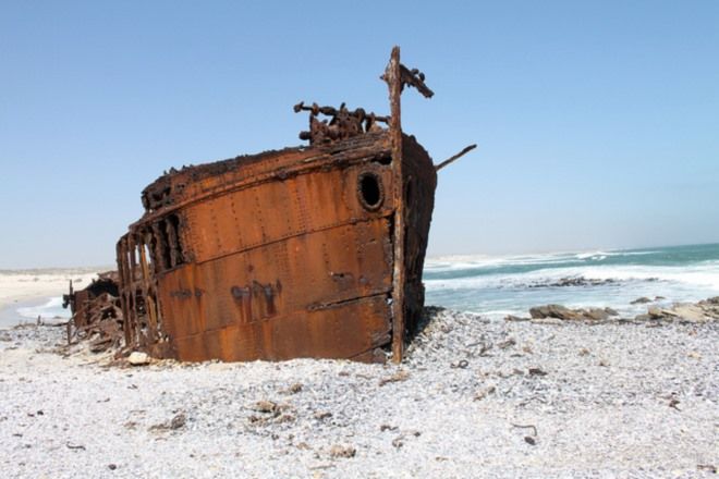 Rusted shipwreck along South Africa's coastline in Namaqualand, Western Cape